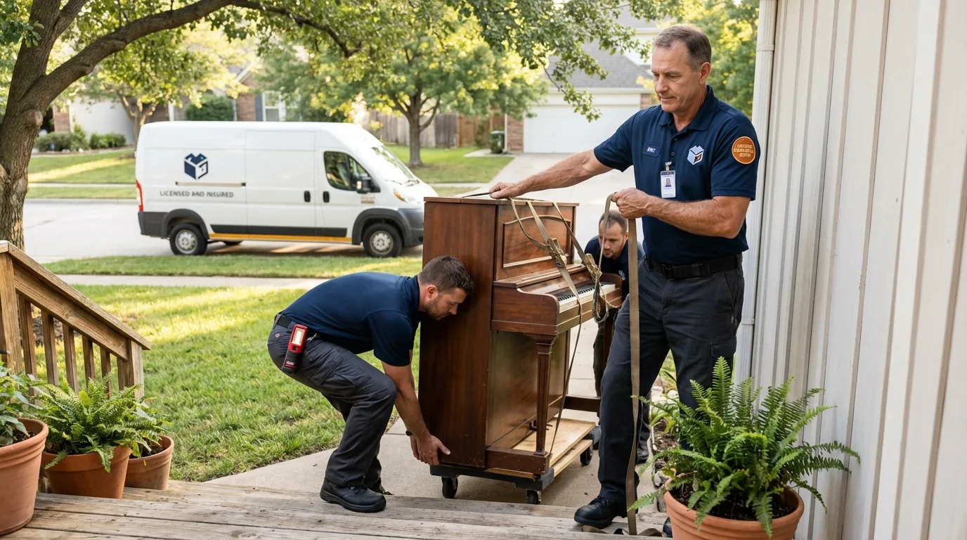 Licensed piano movers securing grand piano in Worcester, MA