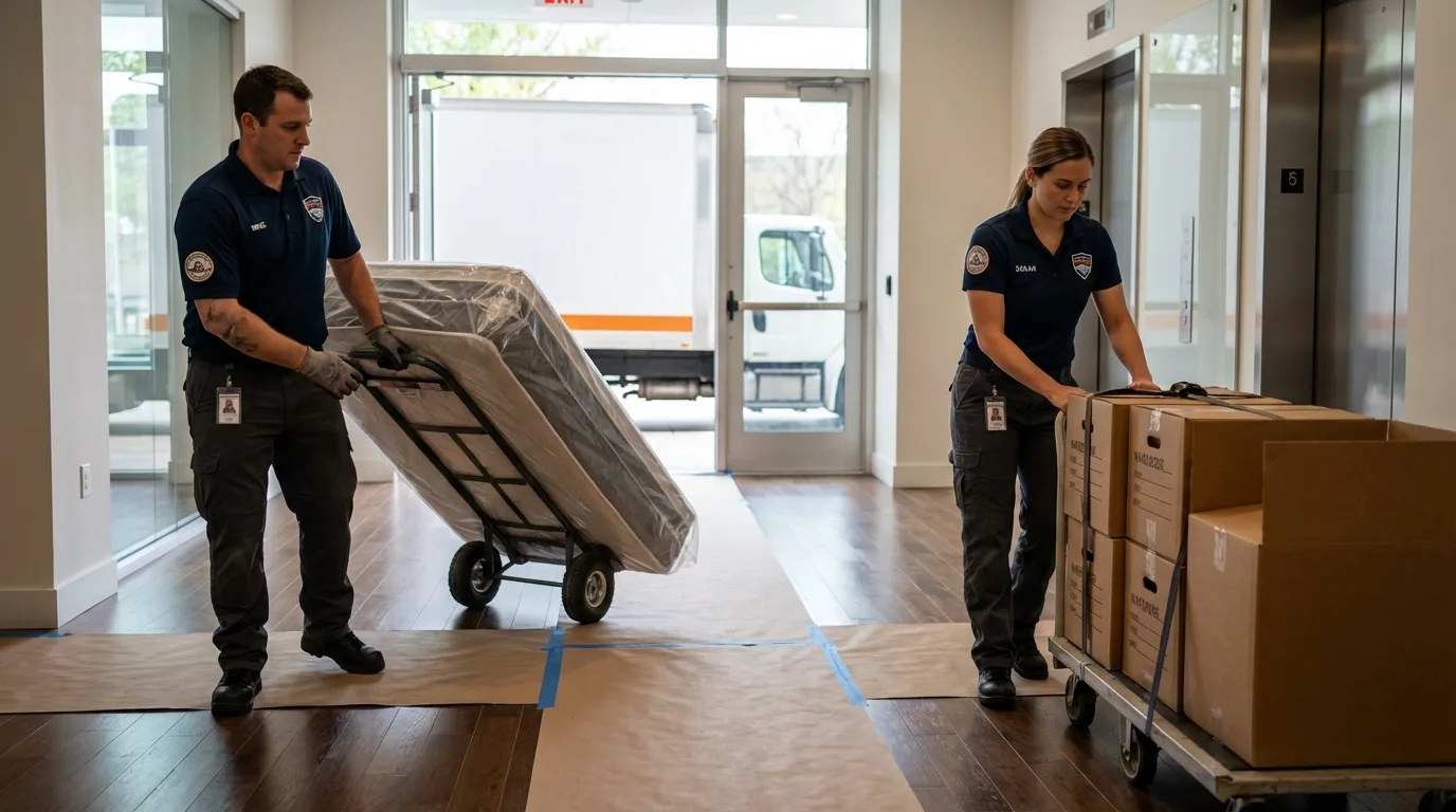 Professional apartment movers loading elevator in Worcester, MA