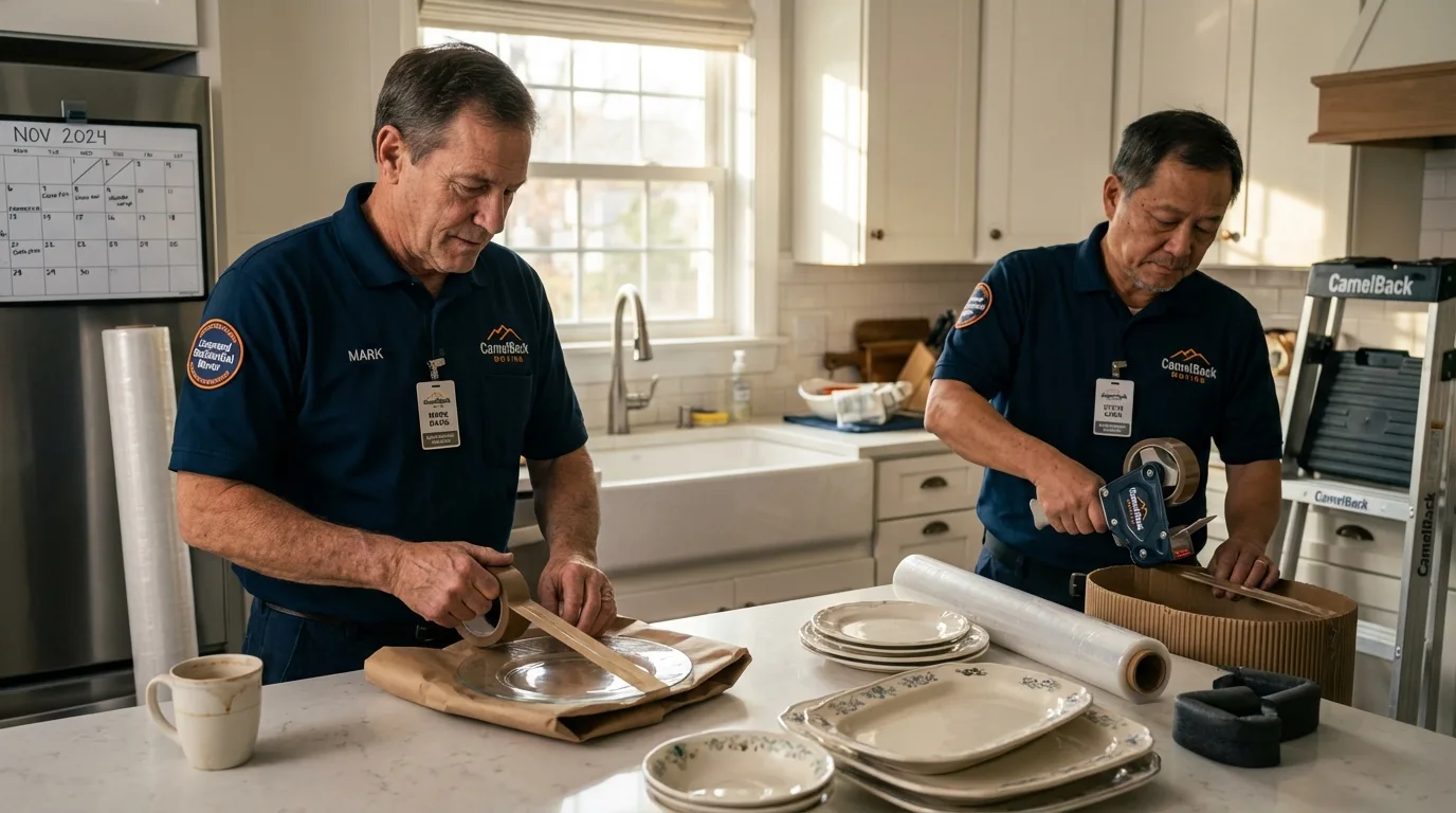 Professional crew packing kitchen dishware in Worcester, MA